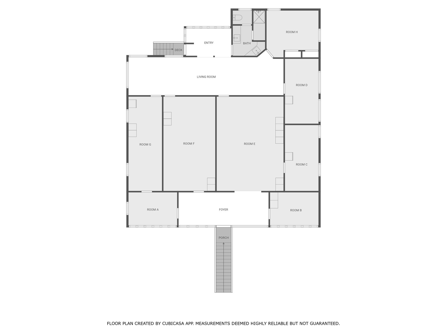 Upper floor plan showing rooms A to H, living room, entry and bathroom